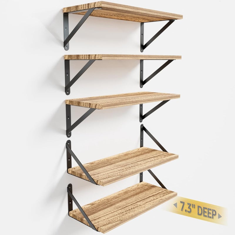 COCOYA Wall Shelves 7.3" Deep Set of 5, Solid Paulownia Wood Wider Longer Sturdy Easy to Install Wall Mounted Bookshelves Storage Shelves Bathroom Home Office Laundry Room Bedroom Organizer - Image 1